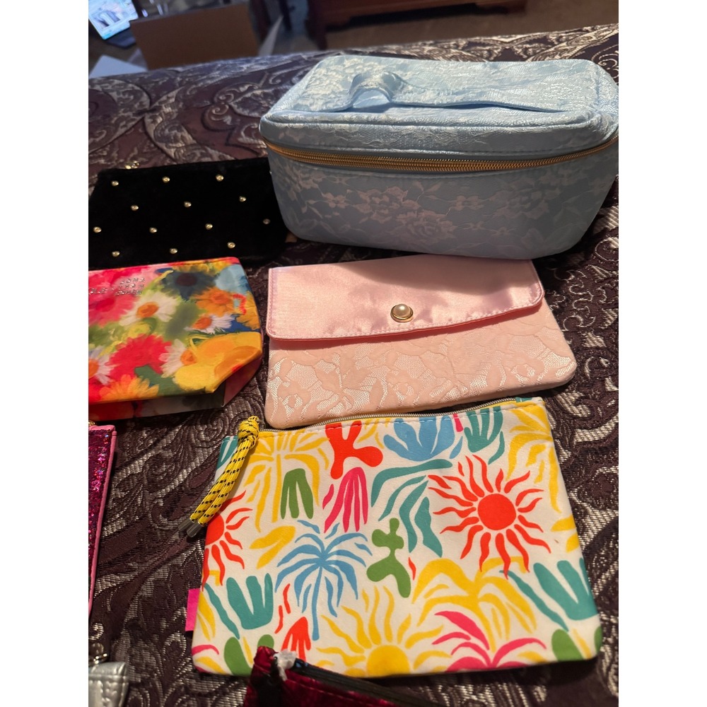 Lot 11 Ipsy Clinique Cosmetic Bags New Makeup Pouches Floral Glitter Velvet Blue - Picture 5 of 6